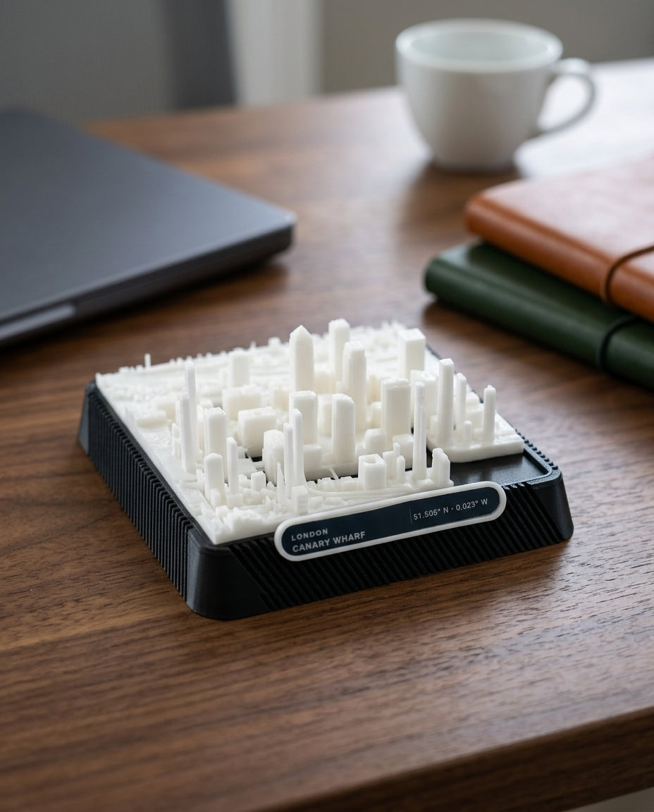 London Canary Wharf 3D printed city map · 9×9cm relief model · 51.505° N · 0.018° W