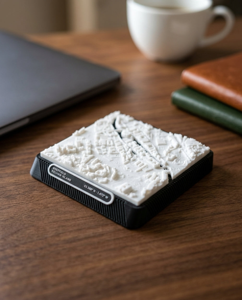 Sheffield Kelham Island 3D printed city map · 9×9cm relief model · 53.388° N · 1.472° W
