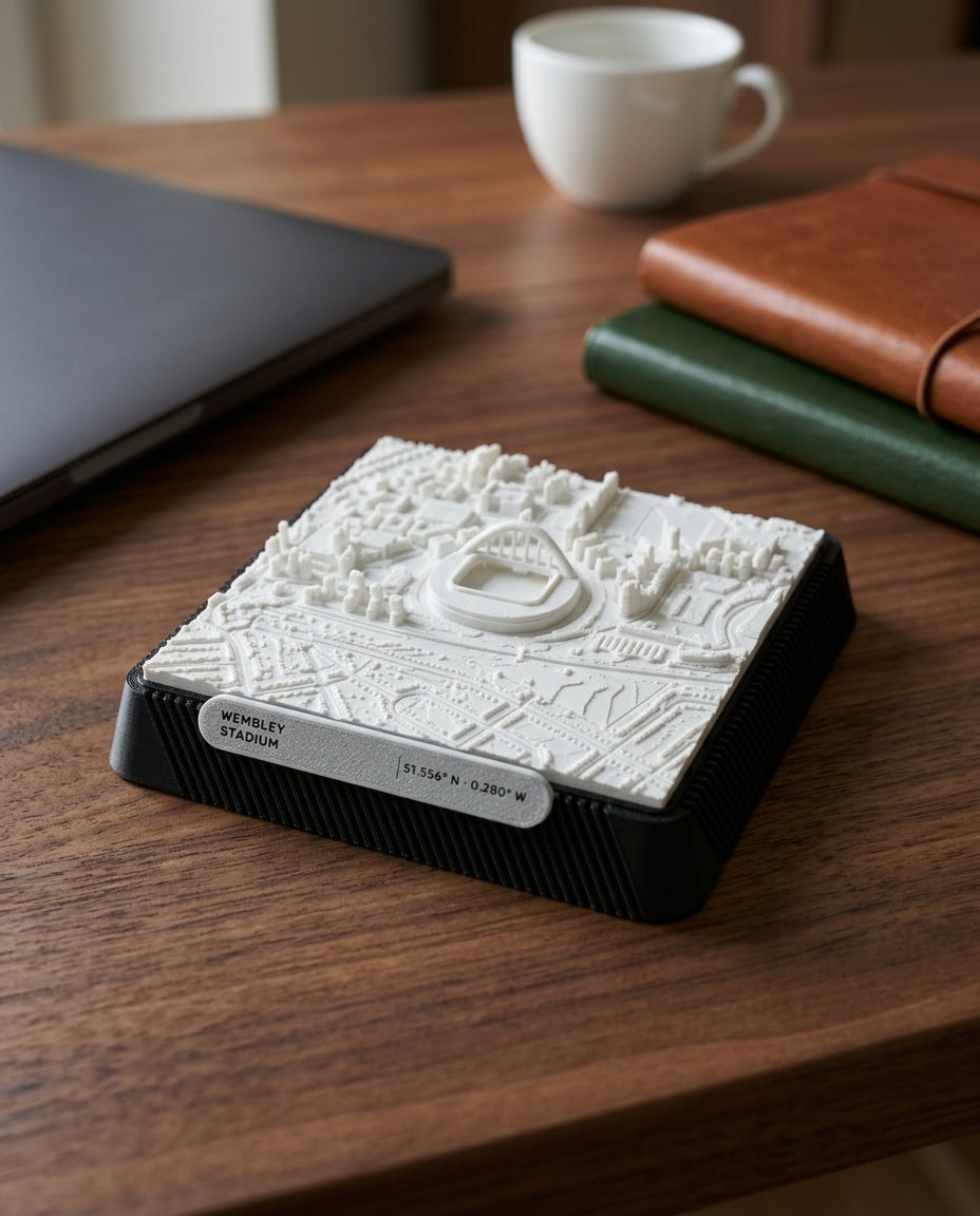 London Wembley 3D printed city map · 9×9cm relief model · 51.556° N · 0.280° W