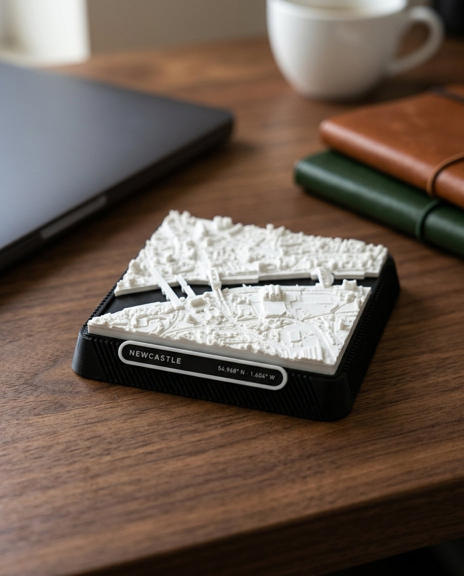 Newcastle upon Tyne Quayside 3D printed city map · 9×9cm relief model · 54.968° N · 1.604° W