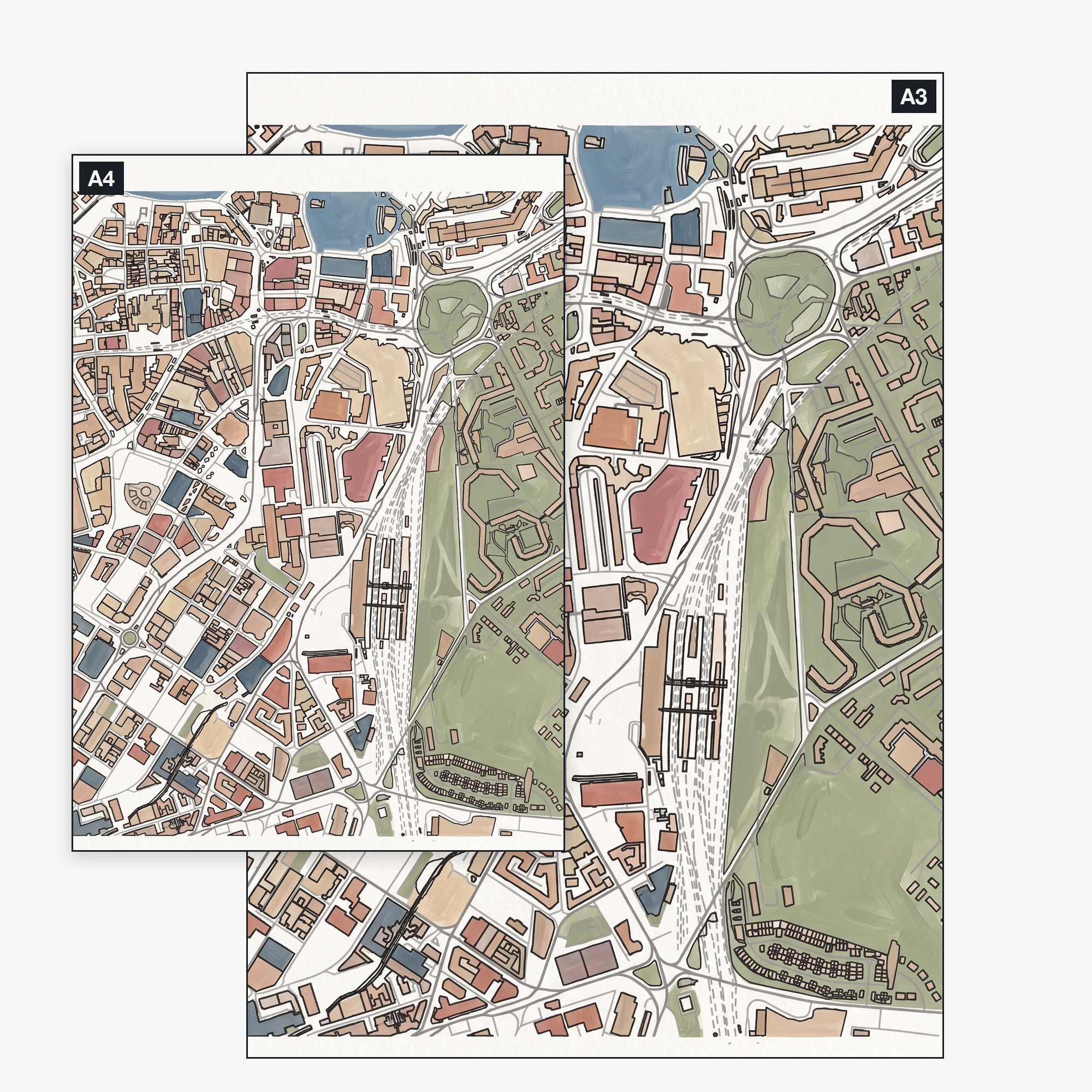 The Sheffield colour-in map pack shown at A4 and A3 — the same 4 real areas, printable at either size