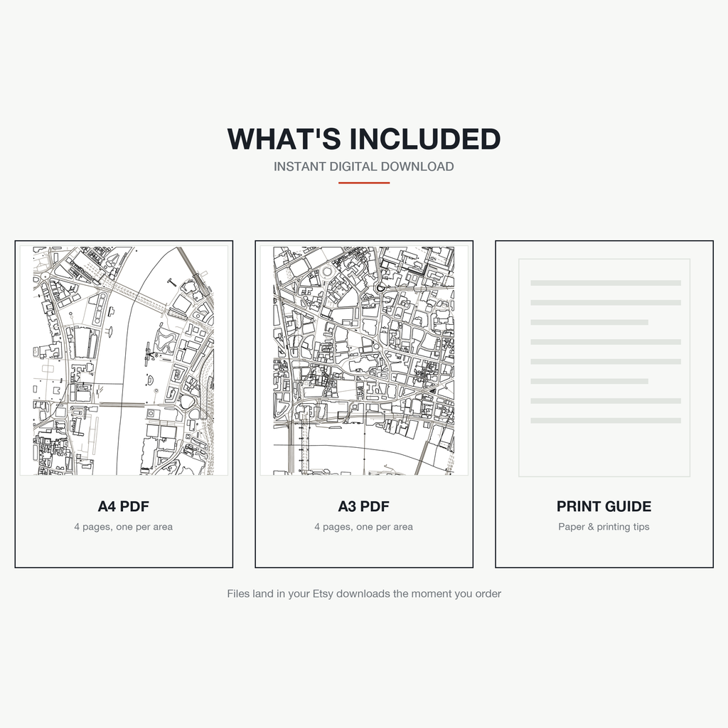 What's included — an A4 PDF and an A3 PDF, four areas of London each, plus a print guide, instant download