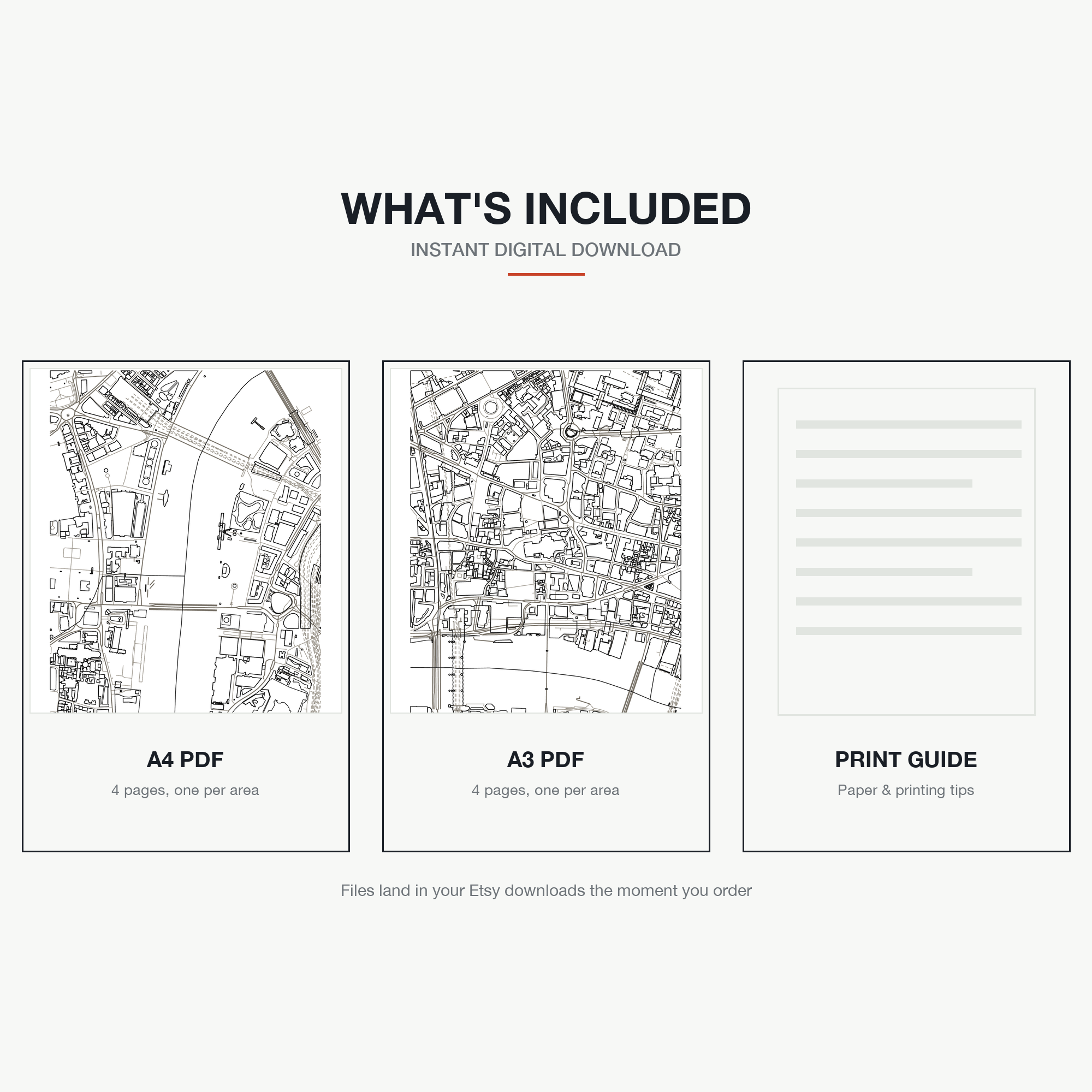 What's included — an A4 PDF and an A3 PDF, four areas of London each, plus a print guide, instant download