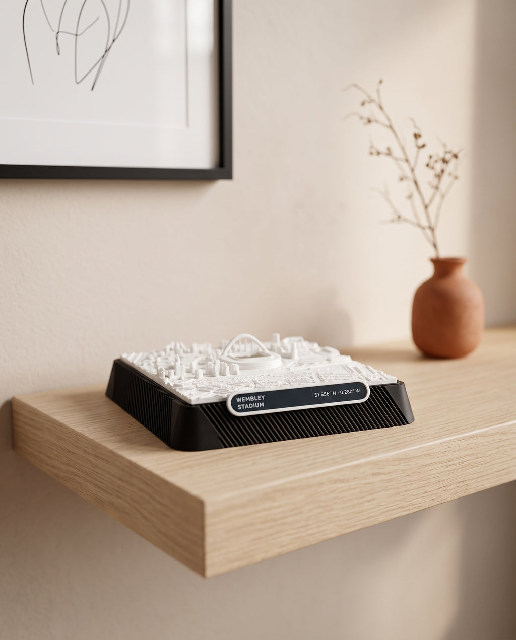 London Wembley 3D printed city map · 9×9cm relief model · 51.556° N · 0.280° W