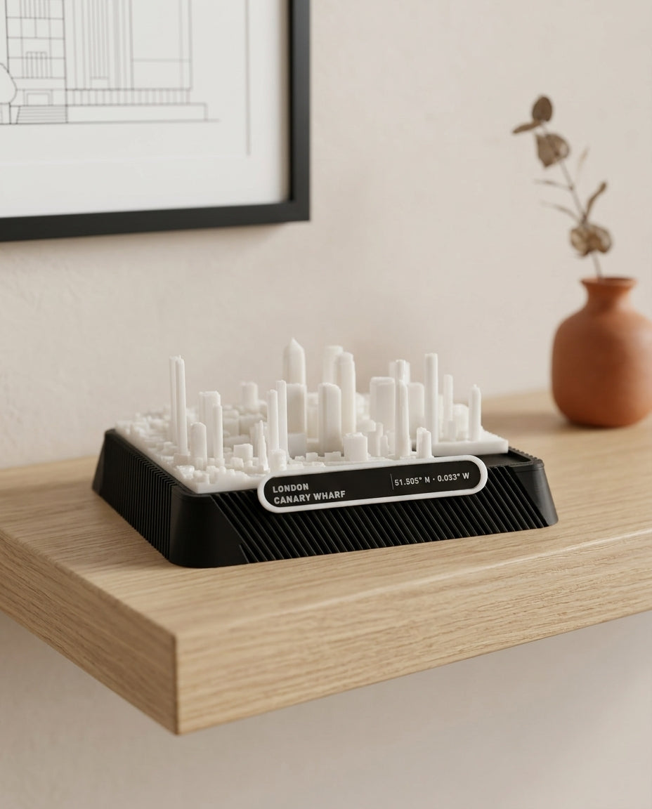 London Canary Wharf 3D printed city map · 9×9cm relief model · 51.505° N · 0.018° W