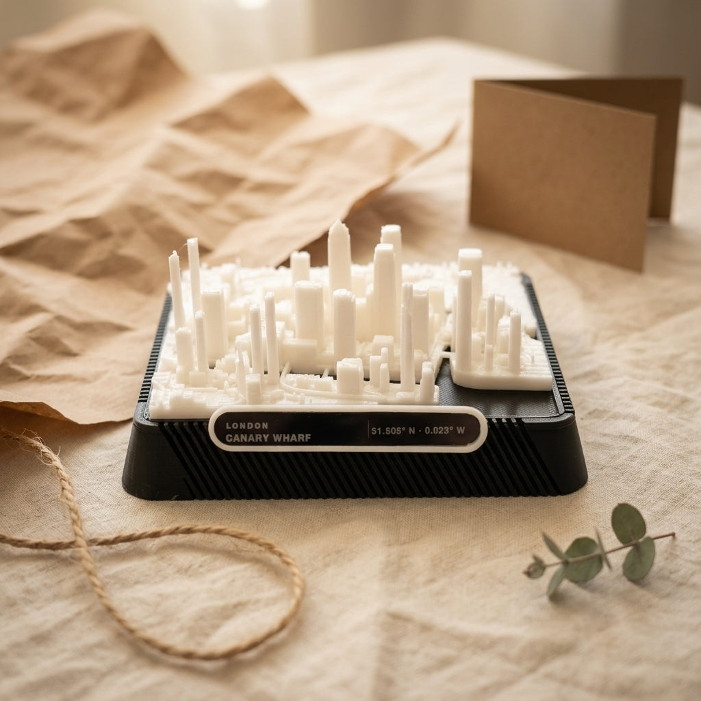 London Canary Wharf 3D printed city map · 9×9cm relief model · 51.505° N · 0.018° W