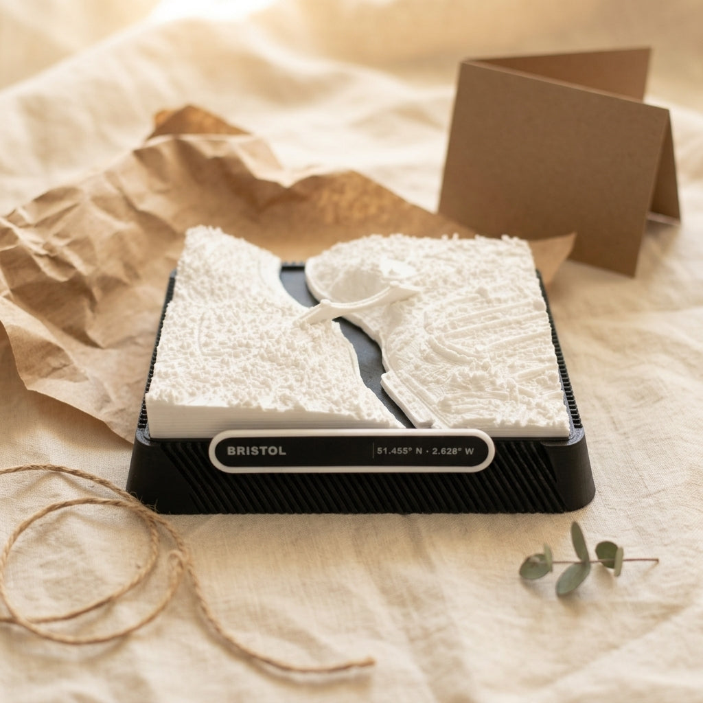 Bristol Clifton 3D printed city map · 9×9cm relief model · 51.455° N · 2.628° W
