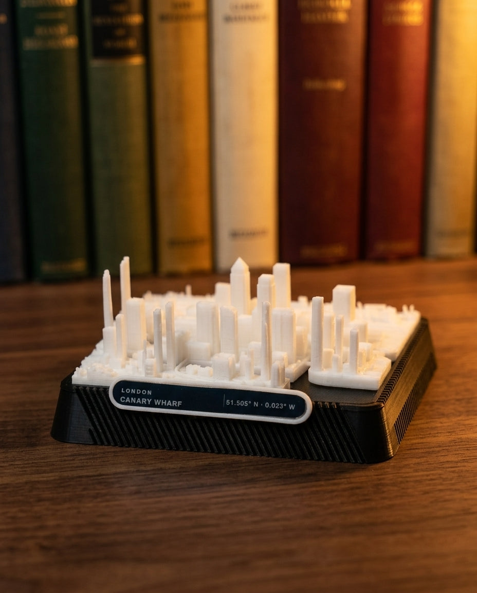 London Canary Wharf 3D printed city map · 9×9cm relief model · 51.505° N · 0.018° W