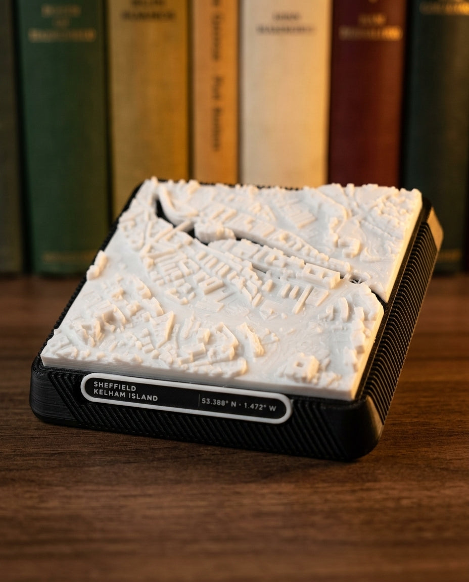 Sheffield Kelham Island 3D printed city map · 9×9cm relief model · 53.388° N · 1.472° W