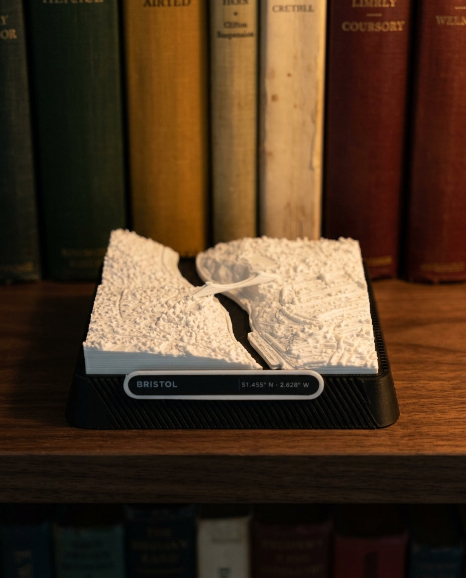 Bristol Clifton 3D printed city map · 9×9cm relief model · 51.455° N · 2.628° W
