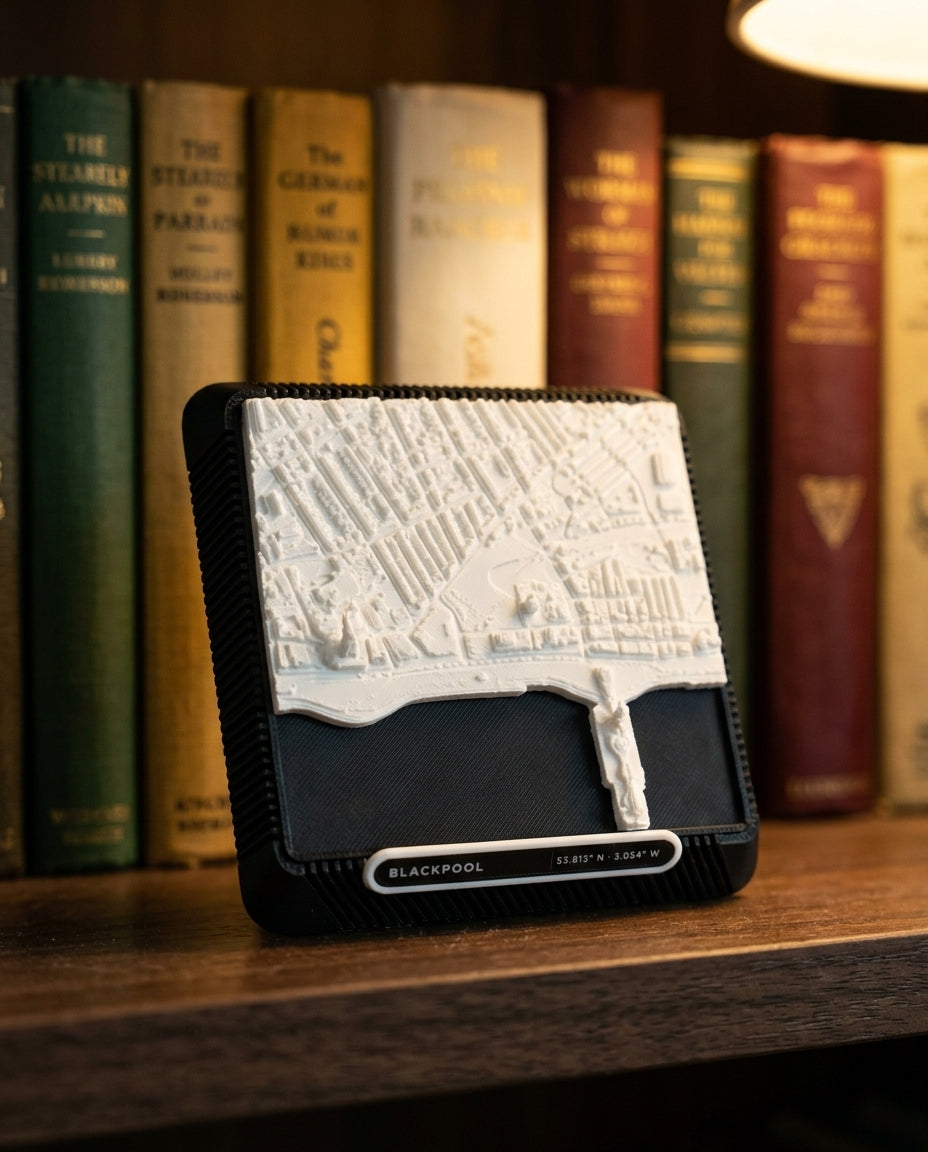 Blackpool Promenade 3D printed city map · 9×9cm relief model · 53.813° N · 3.054° W