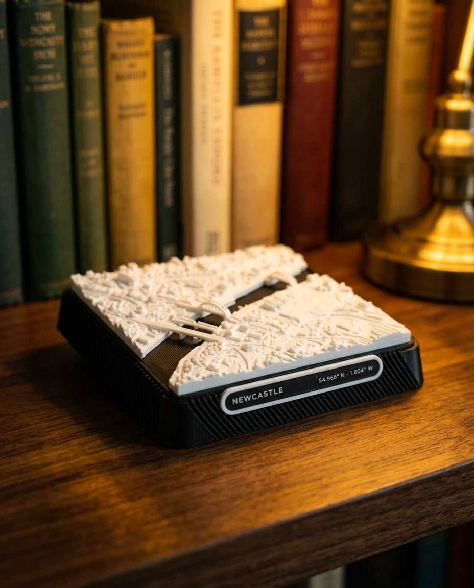 Newcastle upon Tyne Quayside 3D printed city map · 9×9cm relief model · 54.968° N · 1.604° W