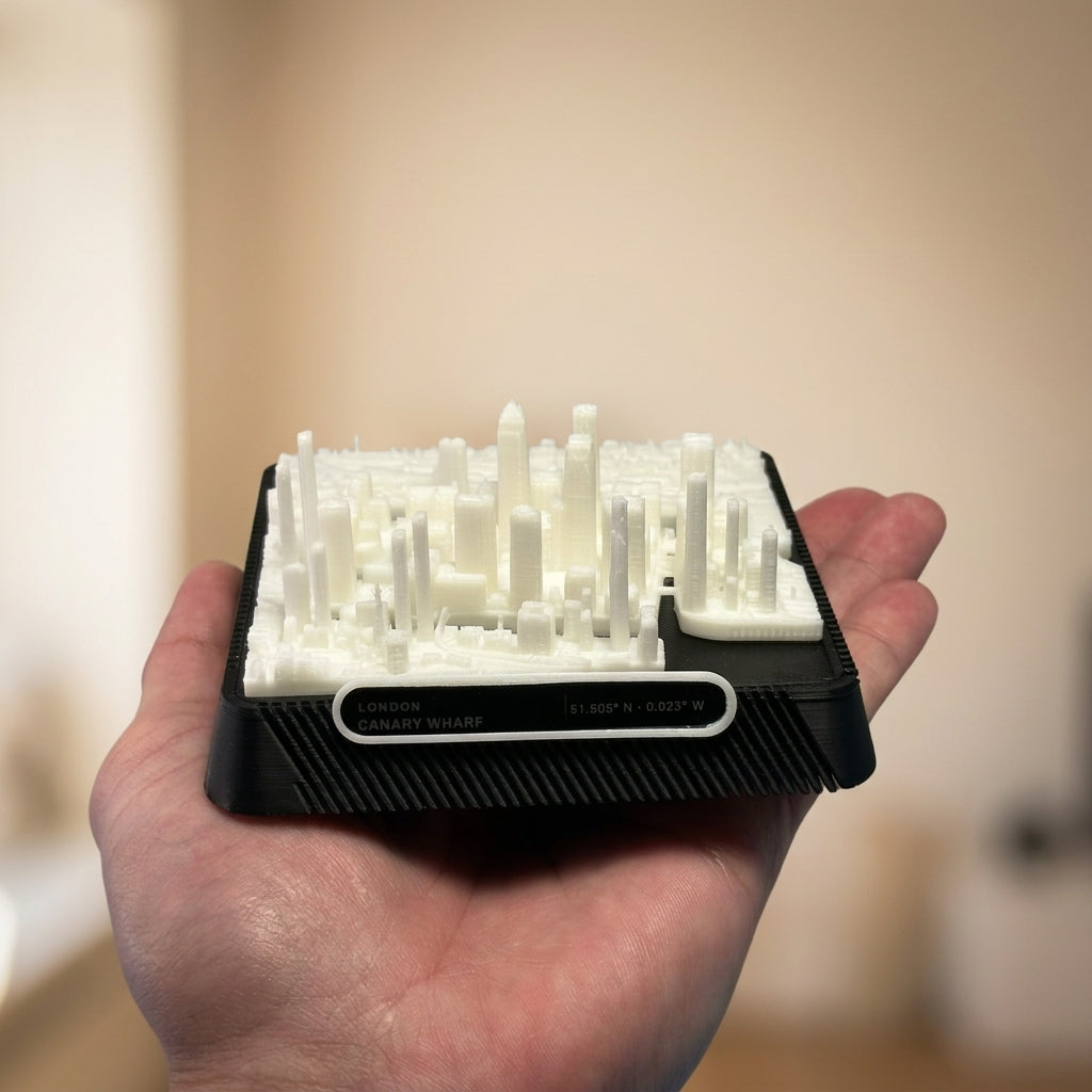 London Canary Wharf 3D printed city map · 9×9cm relief model · 51.505° N · 0.018° W