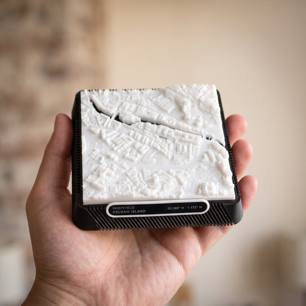 Sheffield Kelham Island 3D printed city map · 9×9cm relief model · 53.388° N · 1.472° W