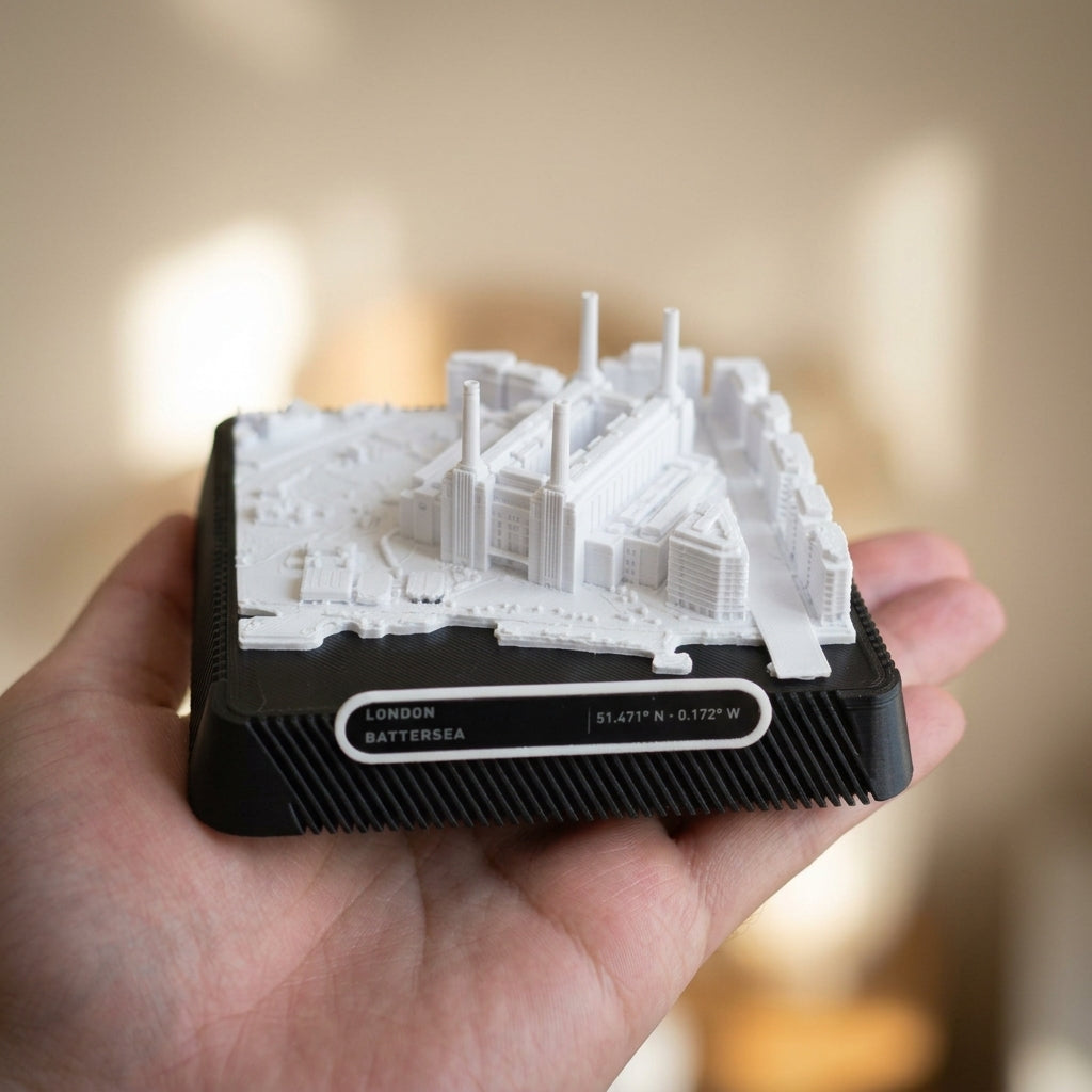 London Battersea 3D printed city map · 9×9cm relief model · 51.471° N · 0.172° W