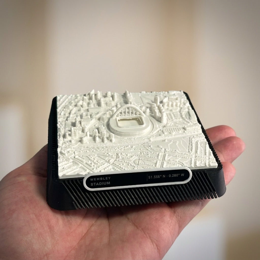 London Wembley 3D printed city map · 9×9cm relief model · 51.556° N · 0.280° W