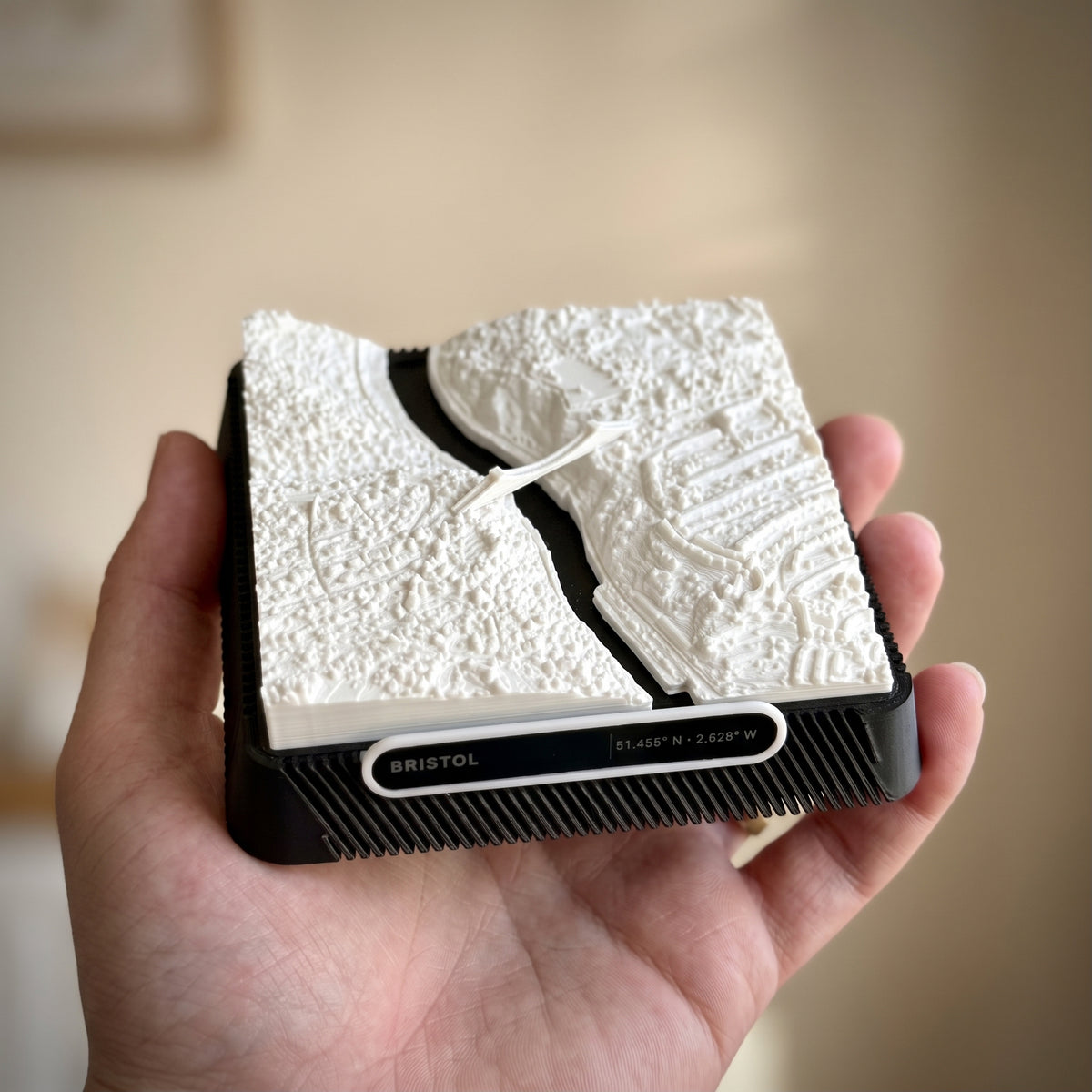 Bristol Clifton 3D printed city map · 9×9cm relief model · 51.455° N · 2.628° W