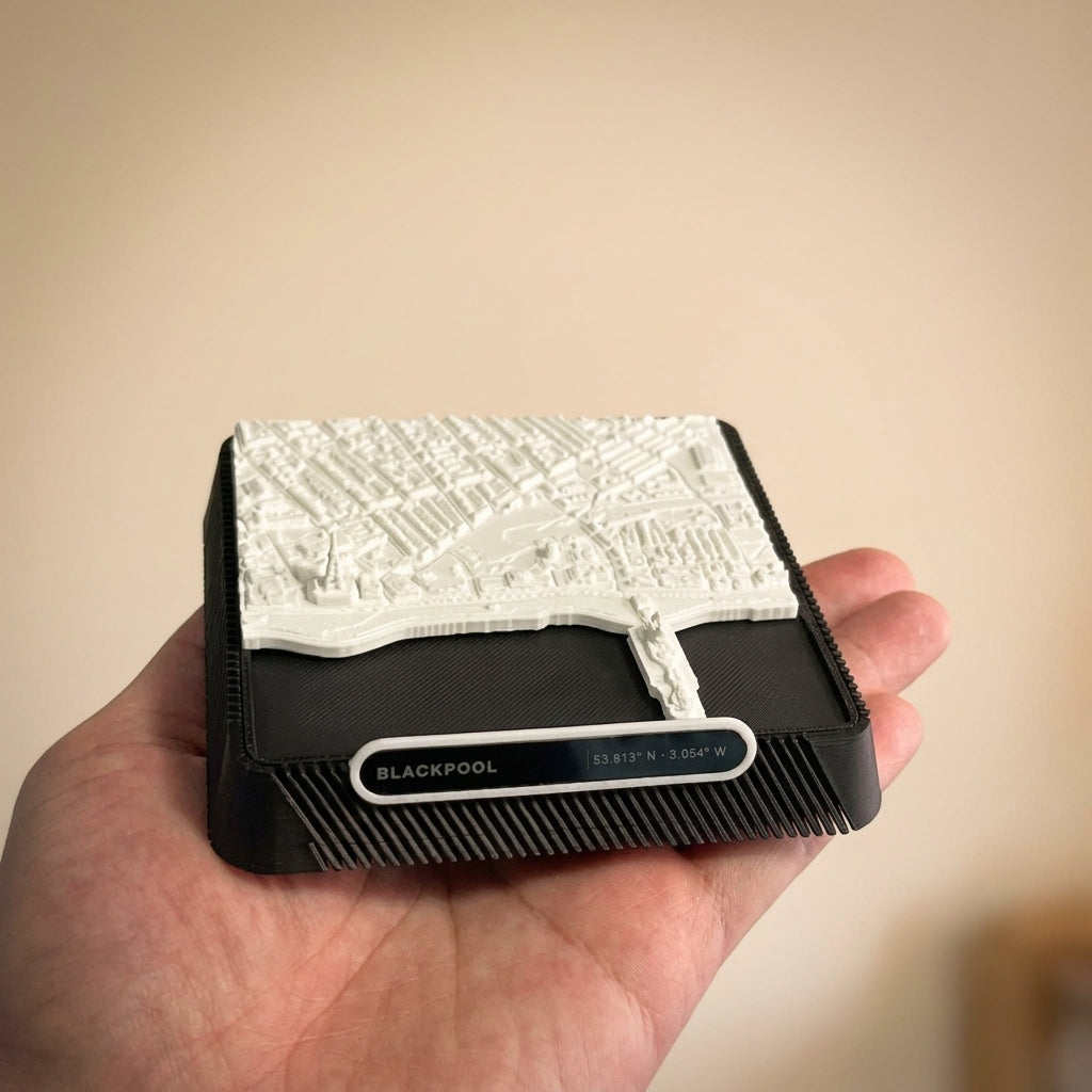 Blackpool Promenade 3D printed city map · 9×9cm relief model · 53.813° N · 3.054° W