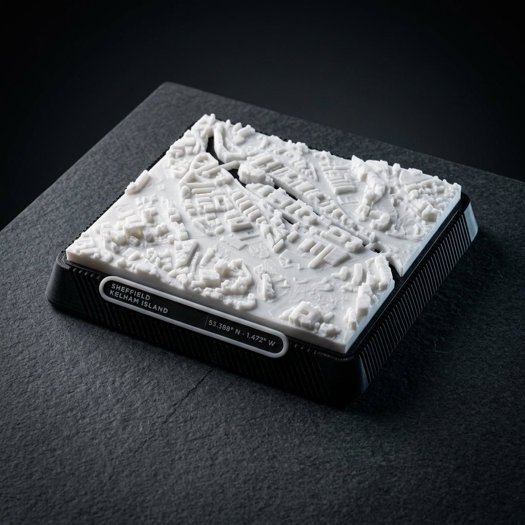 Sheffield Kelham Island 3D printed city map · 9×9cm relief model · 53.388° N · 1.472° W
