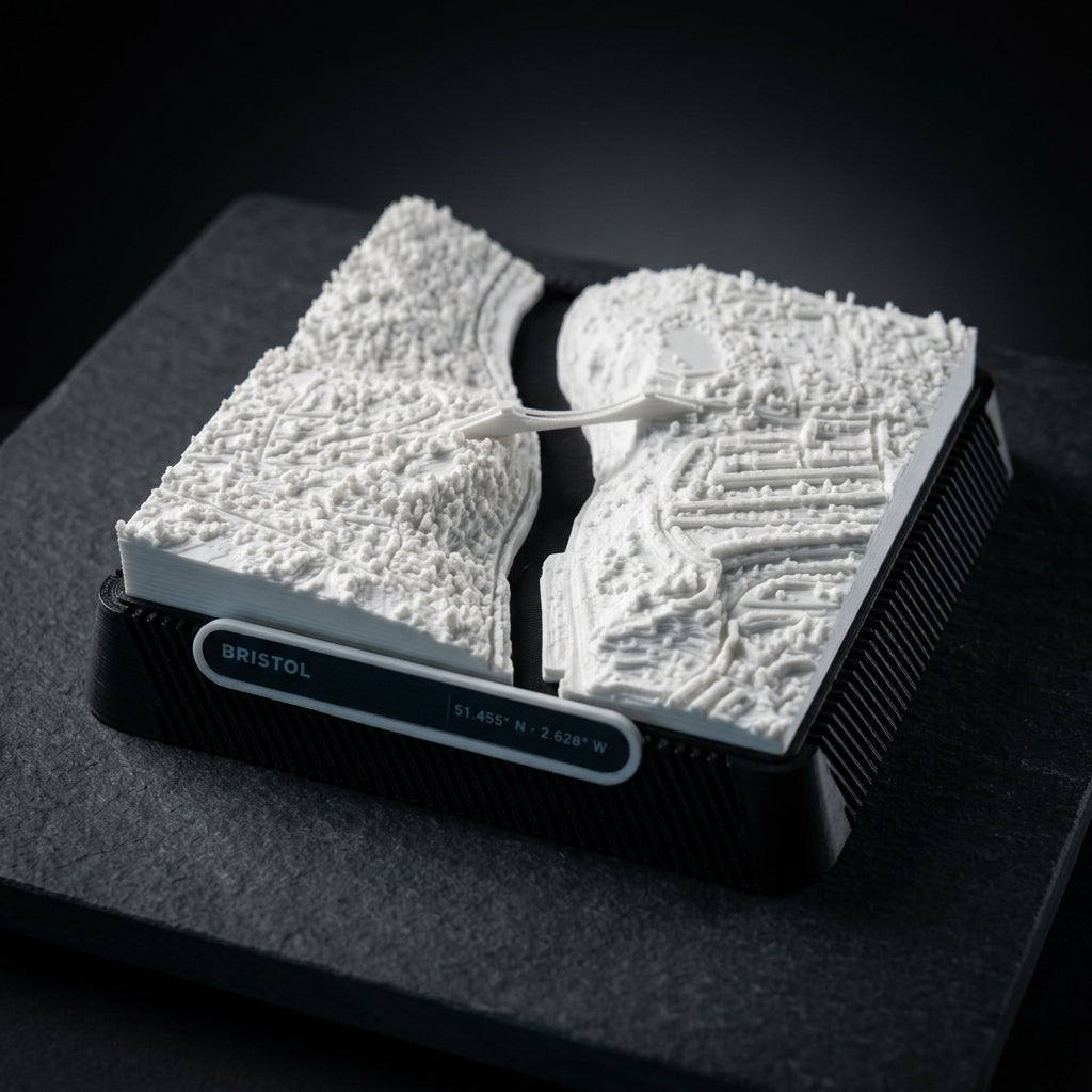 Bristol Clifton 3D printed city map · 9×9cm relief model · 51.455° N · 2.628° W