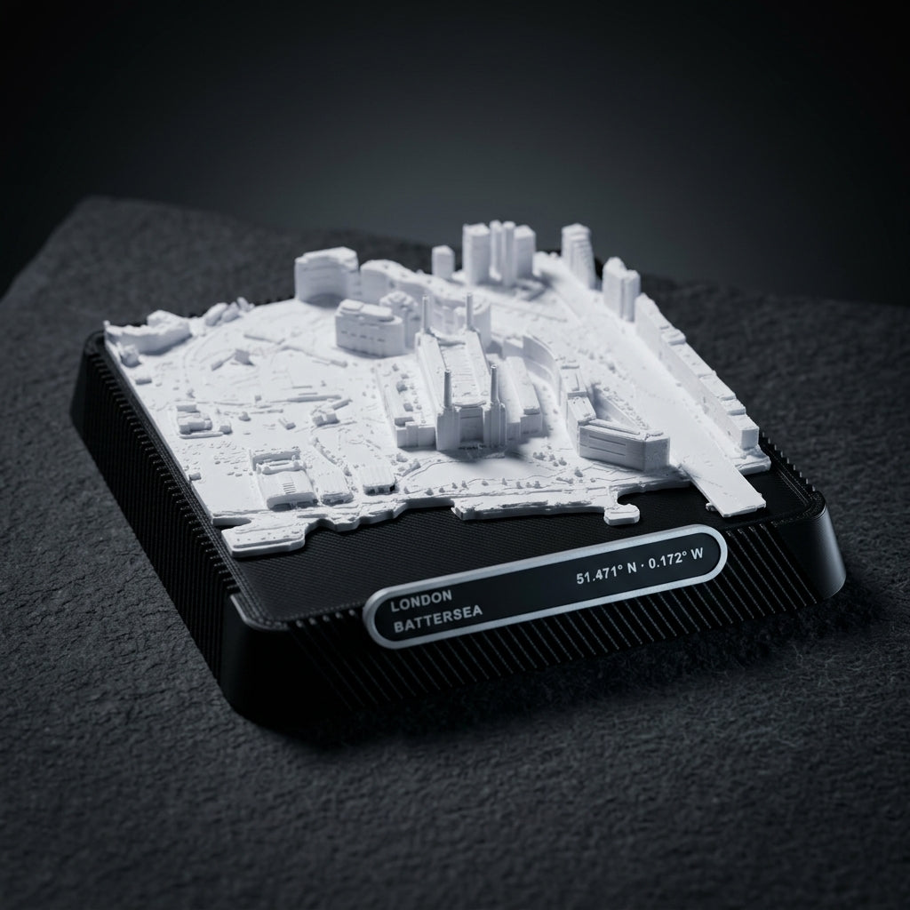 London Battersea 3D printed city map · 9×9cm relief model · 51.471° N · 0.172° W