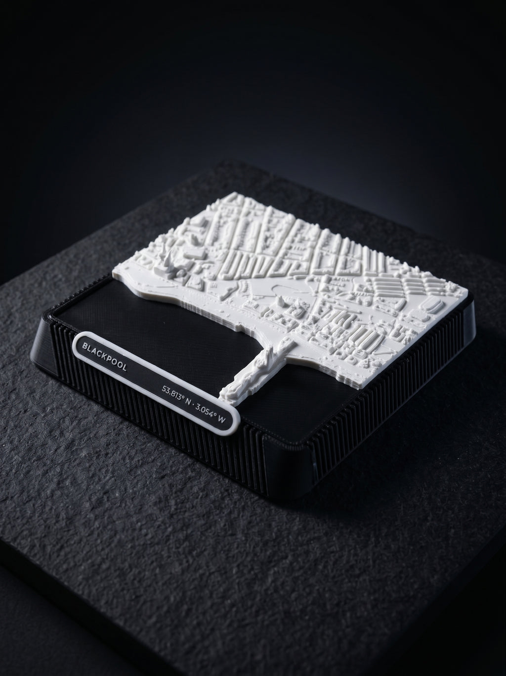 Blackpool Promenade 3D printed city map · 9×9cm relief model · 53.813° N · 3.054° W