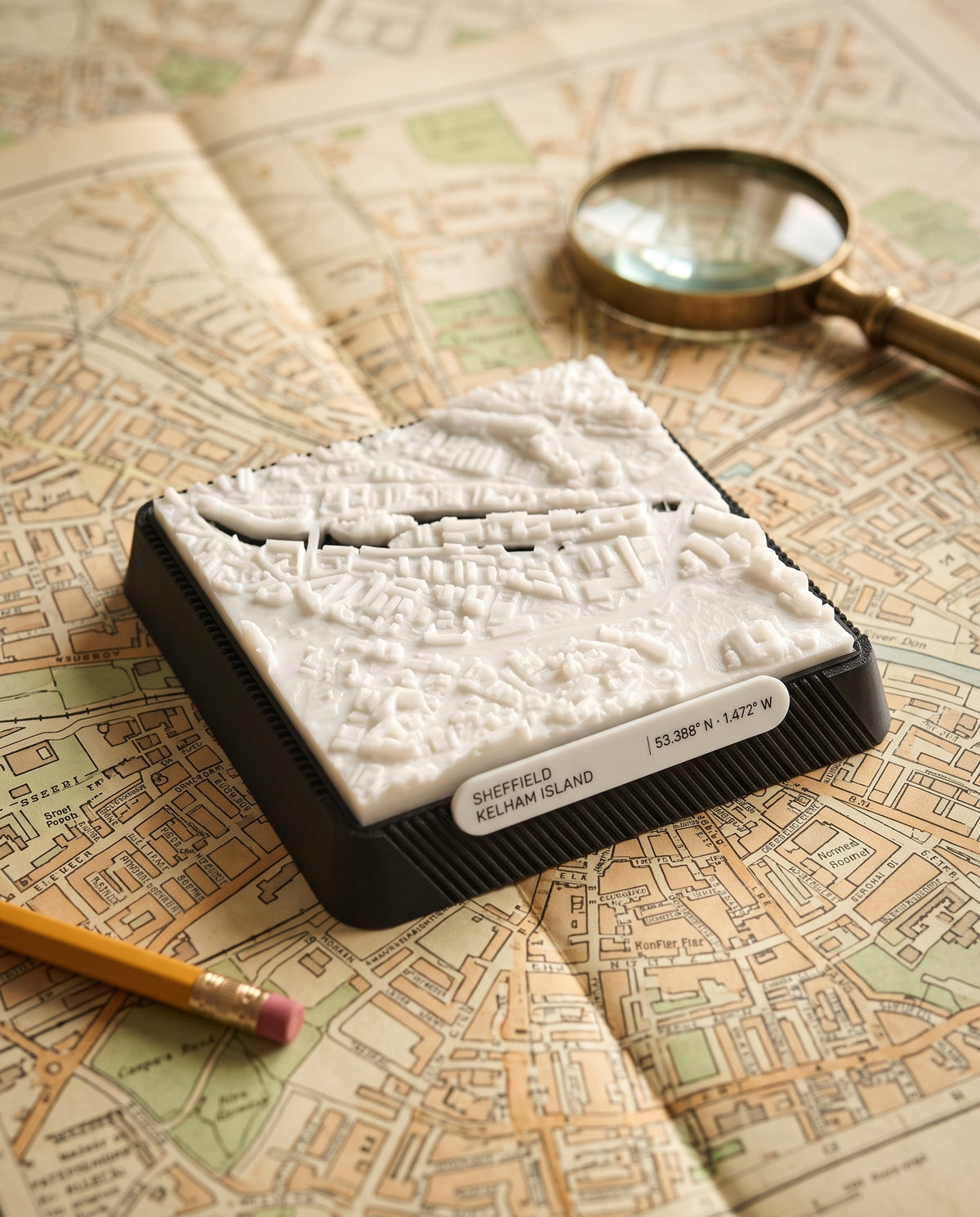 Sheffield Kelham Island 3D printed city map · 9×9cm relief model · 53.388° N · 1.472° W