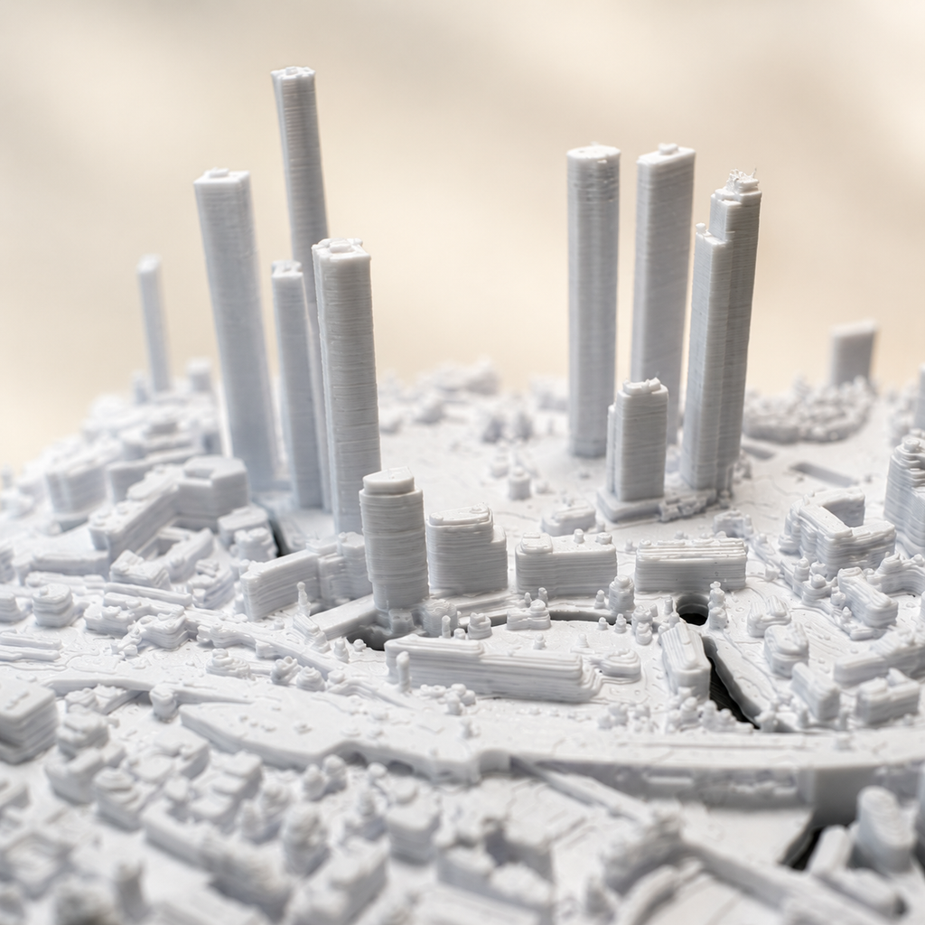 Manchester Deansgate 3D printed city map · 9×9cm relief model · 53.474° N · 2.251° W