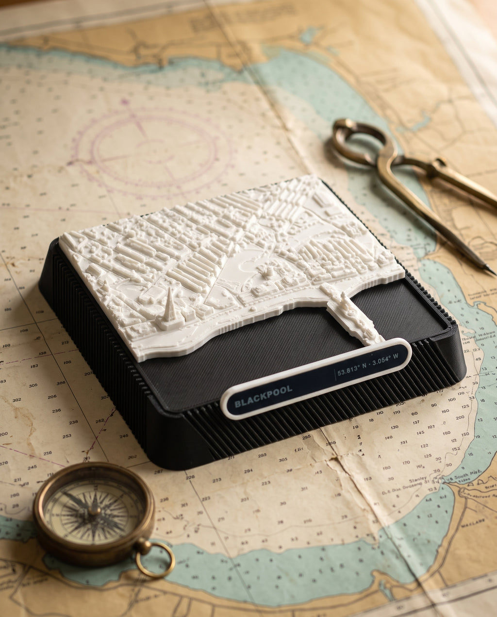Blackpool Promenade 3D printed city map · 9×9cm relief model · 53.813° N · 3.054° W