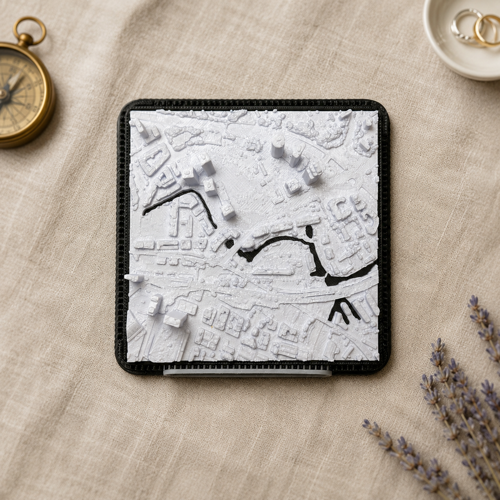 Manchester Deansgate 3D printed city map · 9×9cm relief model · 53.474° N · 2.251° W