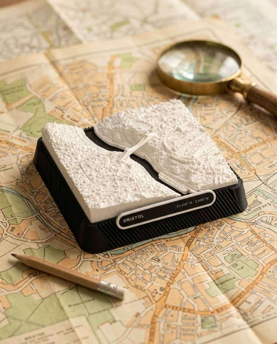 Bristol Clifton 3D printed city map · 9×9cm relief model · 51.455° N · 2.628° W