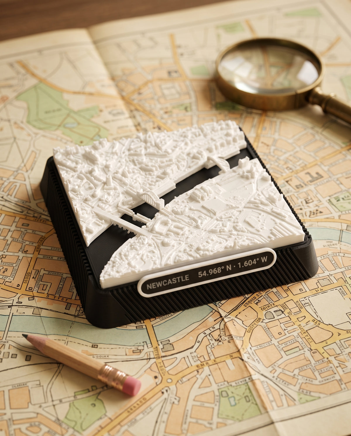 Newcastle upon Tyne Quayside 3D printed city map · 9×9cm relief model · 54.968° N · 1.604° W