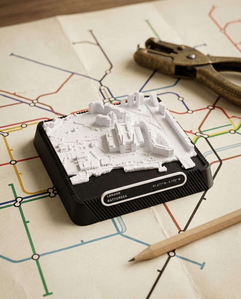 London Battersea 3D printed city map · 9×9cm relief model · 51.471° N · 0.172° W