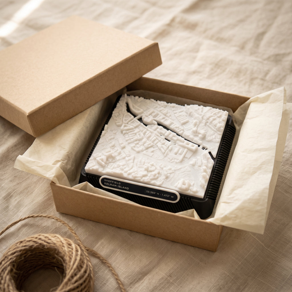 Sheffield Kelham Island 3D printed city map · 9×9cm relief model · 53.388° N · 1.472° W