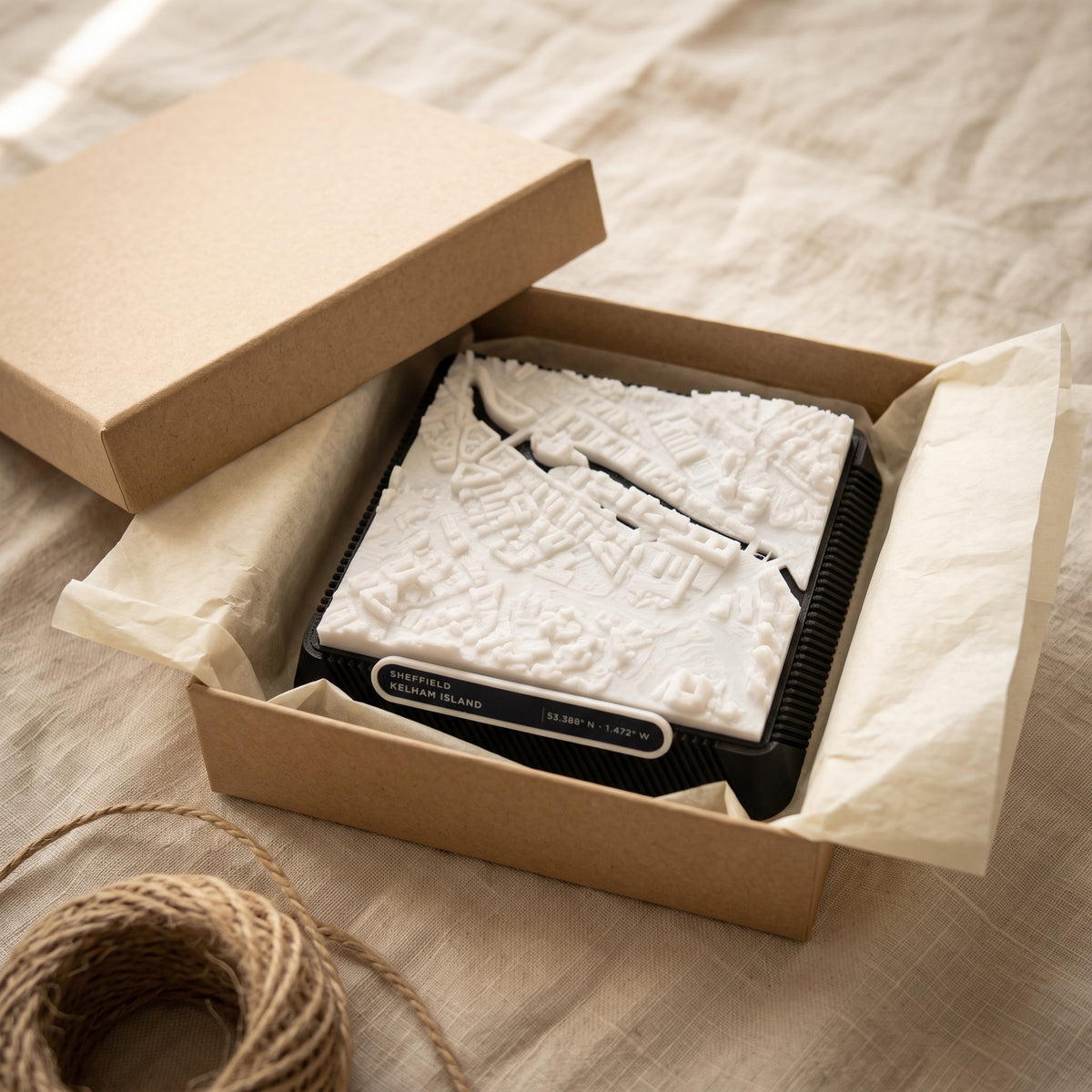 Sheffield Kelham Island 3D printed city map · 9×9cm relief model · 53.388° N · 1.472° W