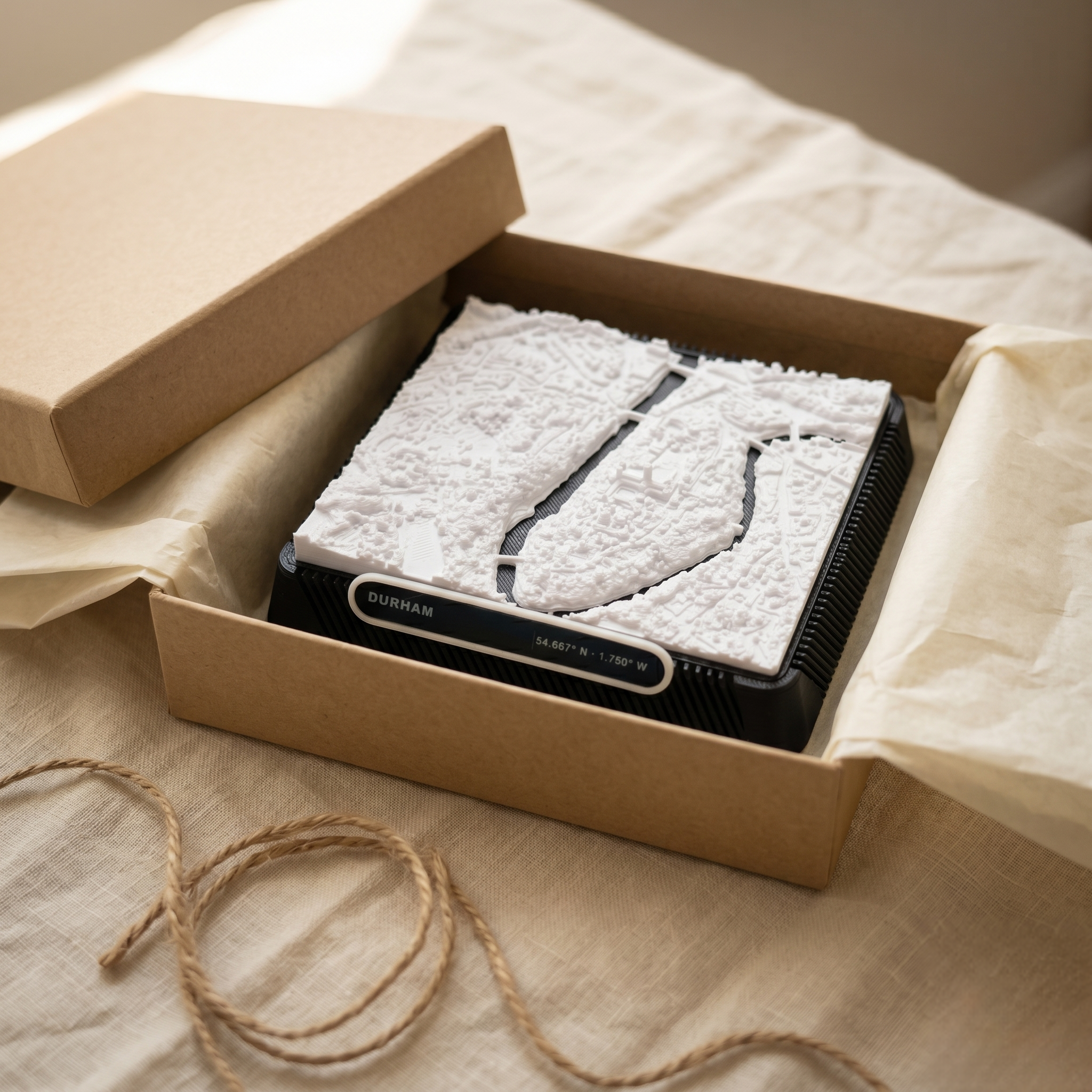 Durham 3D map gift box, tissue-wrapped, ready to post, Cityform branded packaging