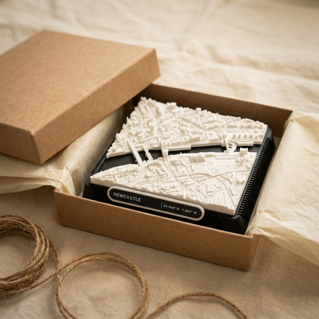 Newcastle upon Tyne Quayside 3D printed city map · 9×9cm relief model · 54.968° N · 1.604° W