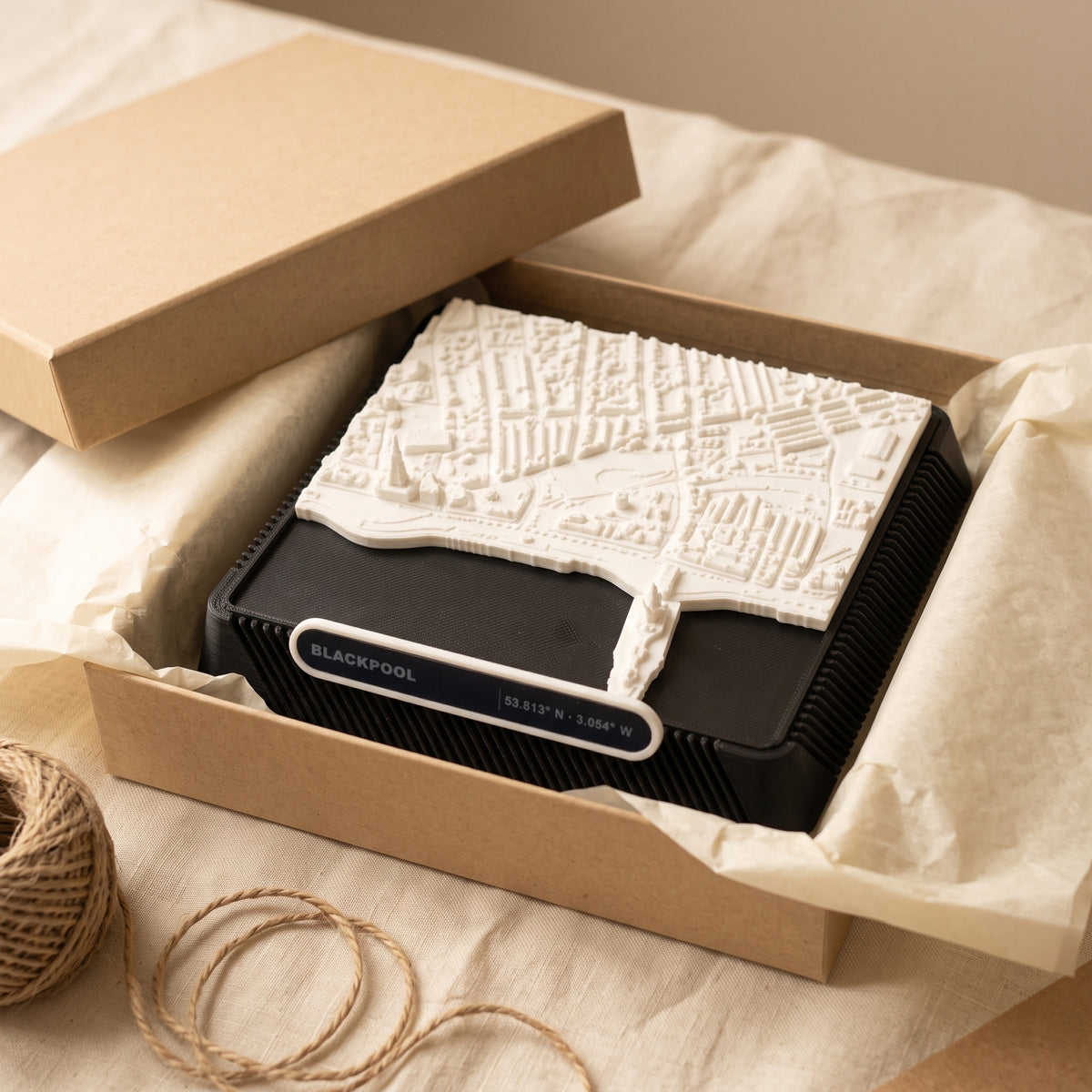 Blackpool Promenade 3D printed city map · 9×9cm relief model · 53.813° N · 3.054° W