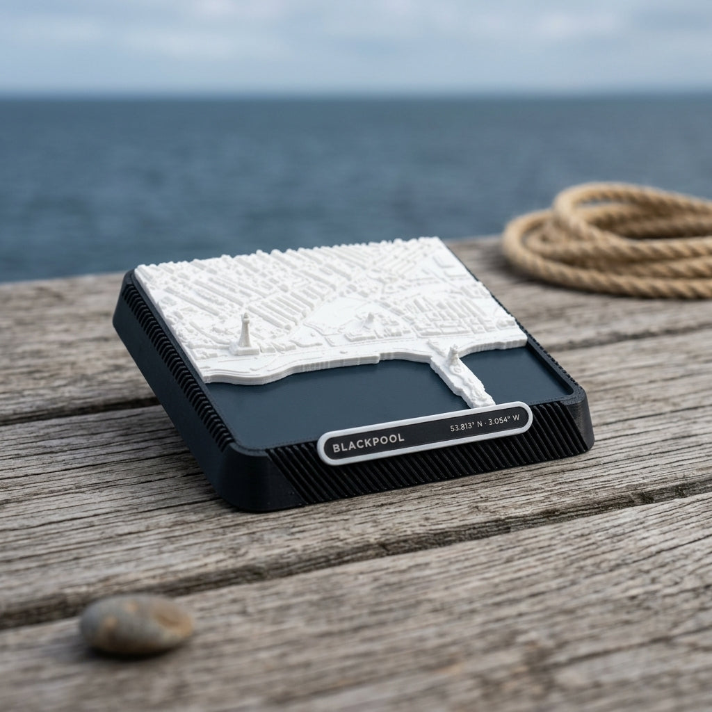 Blackpool Promenade 3D printed city map · 9×9cm relief model · 53.813° N · 3.054° W