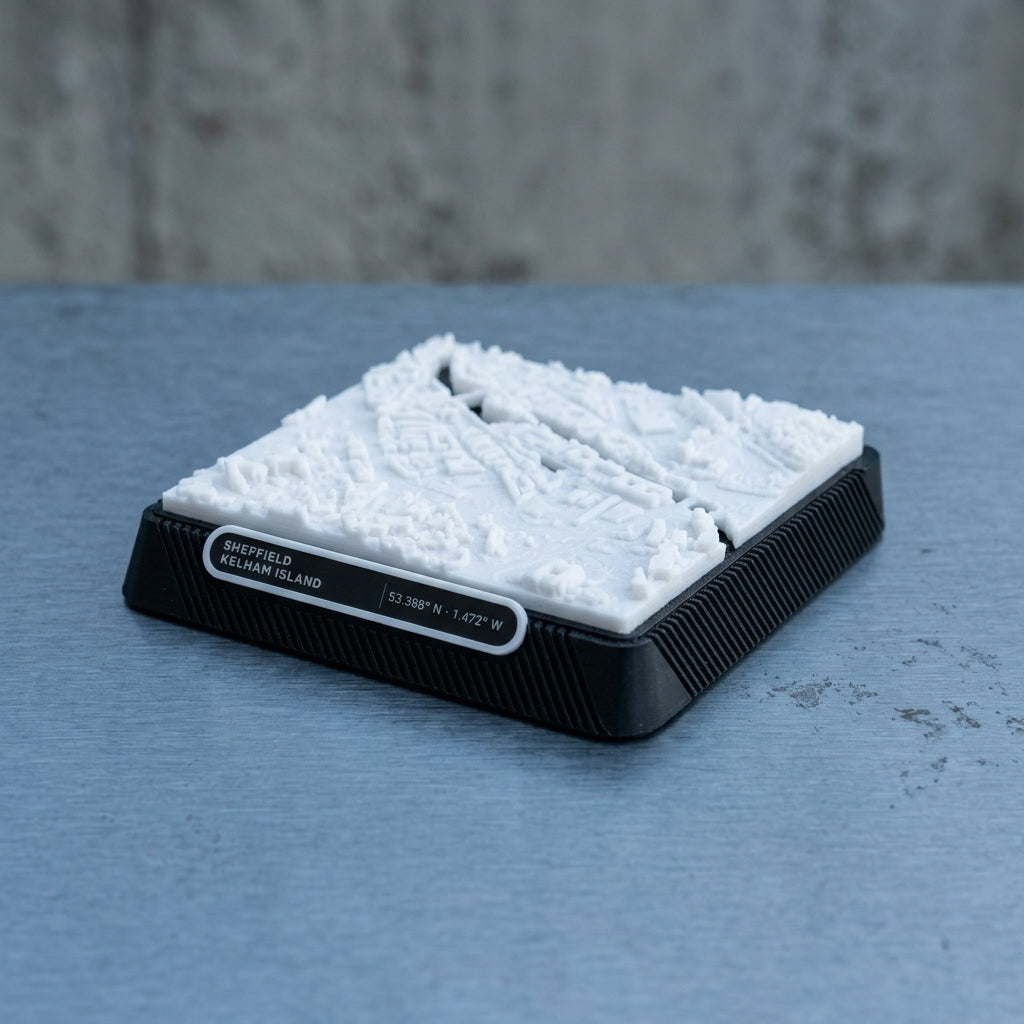 Sheffield Kelham Island 3D printed city map · 9×9cm relief model · 53.388° N · 1.472° W