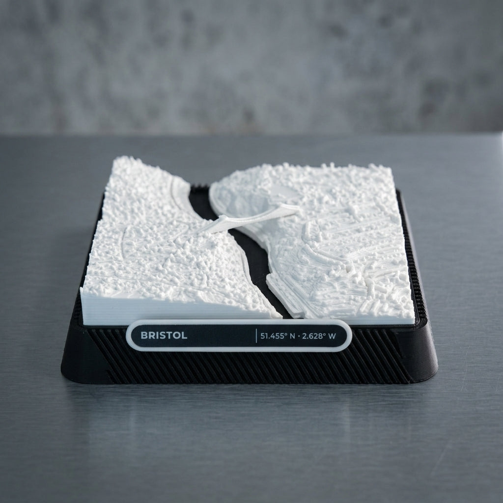 Bristol Clifton 3D printed city map · 9×9cm relief model · 51.455° N · 2.628° W