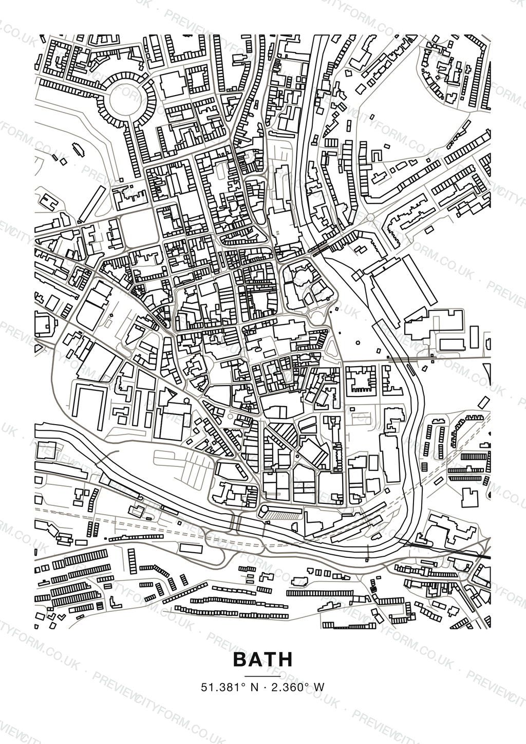 Blank Bath colour-in map — clean black outlines of Bath streets and buildings on white, the print you receive ready to colour