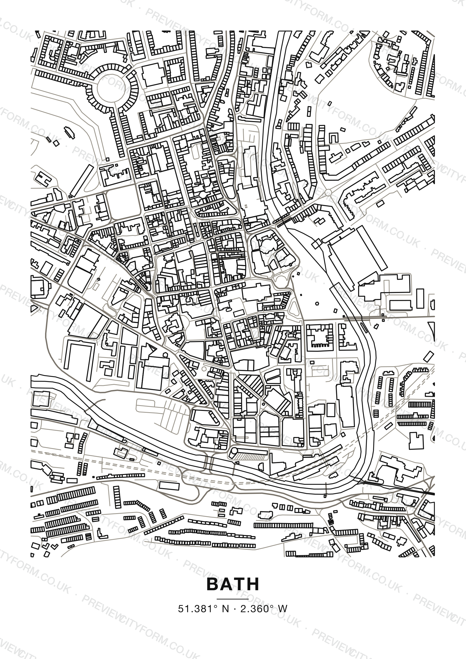 Blank Bath colour-in map — clean black outlines of Bath streets and buildings on white, the print you receive ready to colour
