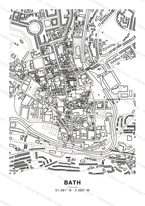Blank Bath colour-in map — clean black outlines of Bath streets and buildings on white, the print you receive ready to colour