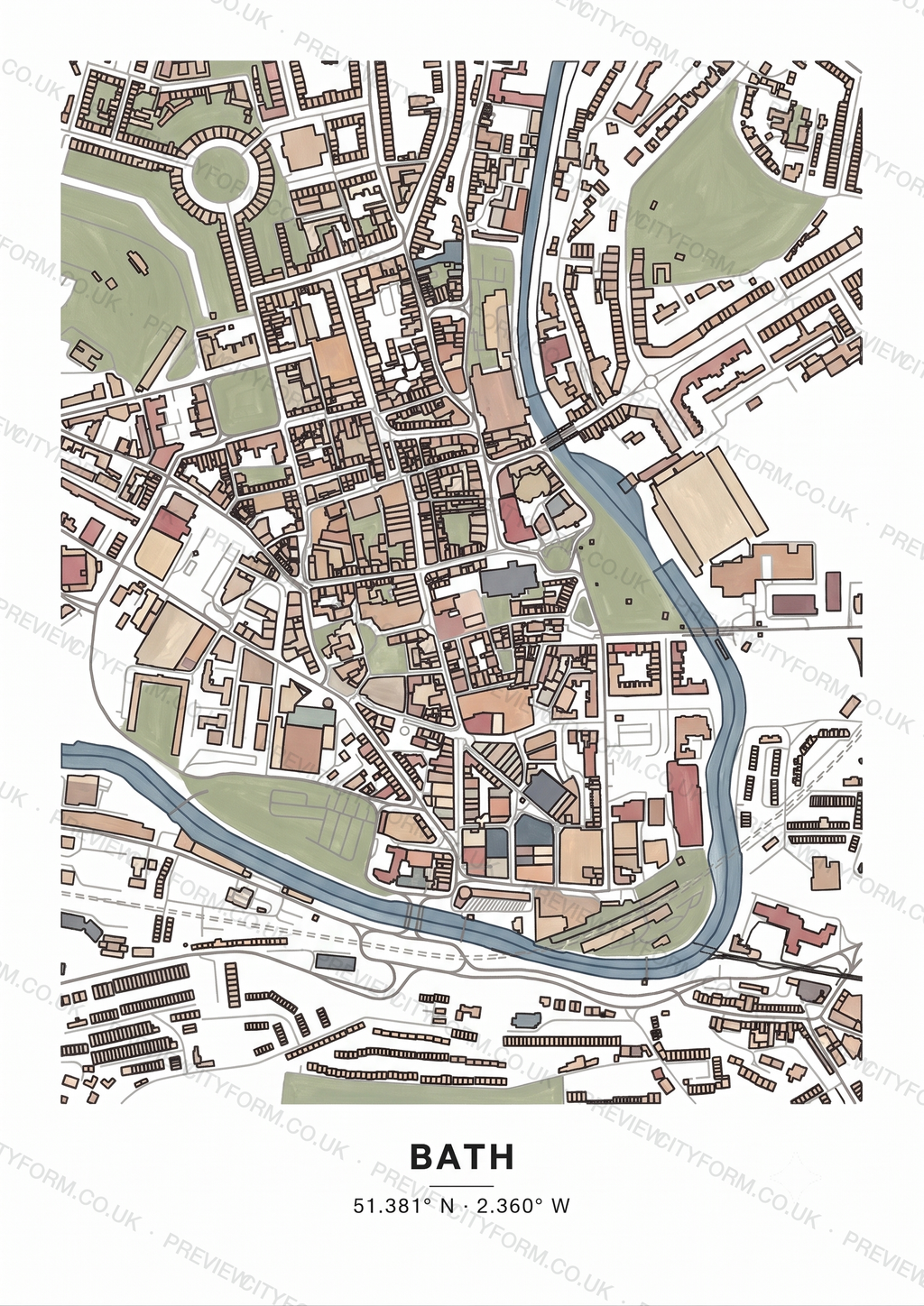 The Bath colour-in map finished in soft gouache paint — one way to colour the real street outline