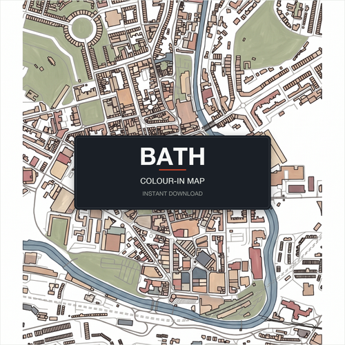 A finished, coloured-in Bath city map print — real streets and building outlines of Bath centre, filled by hand
