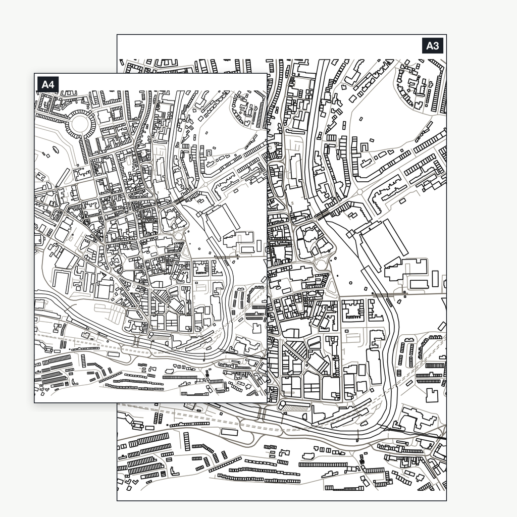 The Bath colour-in map shown at A4 and A3 — the same real city-centre map, a full kilometre across, printable at either size