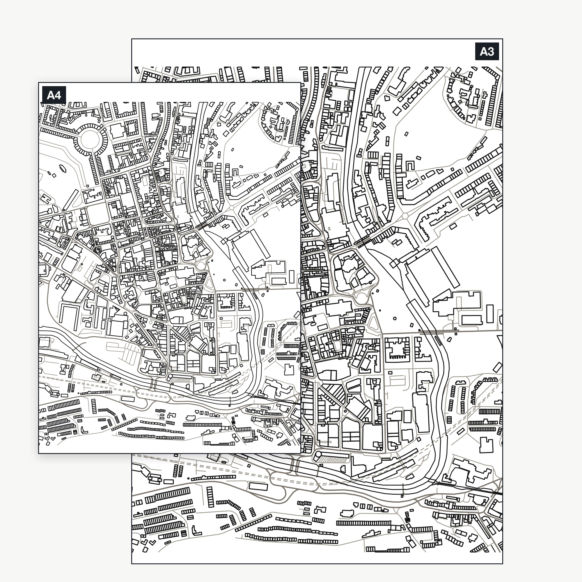 The Bath colour-in map shown at A4 and A3 — the same real city-centre map, a full kilometre across, printable at either size