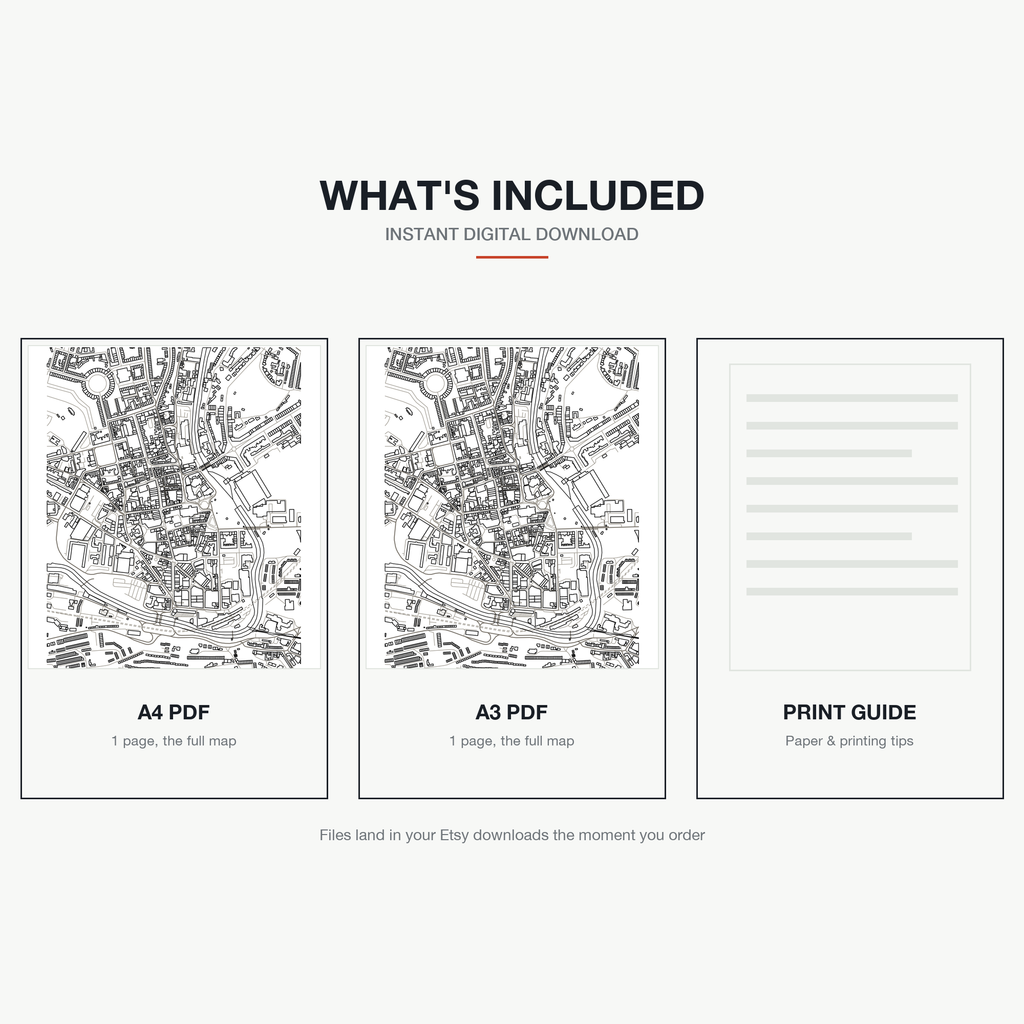 What's included — an A4 PDF, an A3 PDF and a print guide, instant download, a real colour-in map of Bath