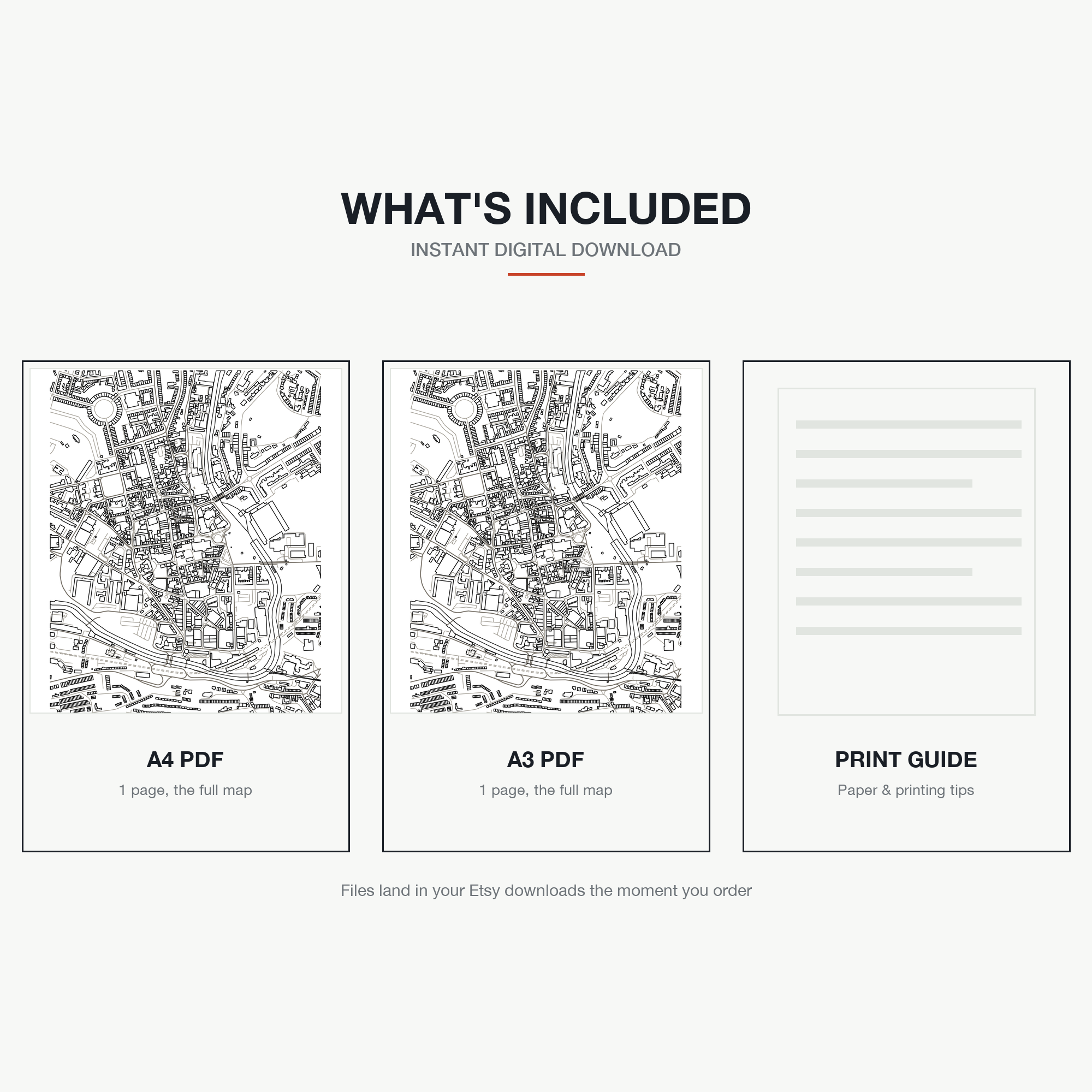What's included — an A4 PDF, an A3 PDF and a print guide, instant download, a real colour-in map of Bath